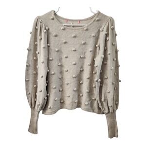 Lilly Pulitzer Beige Knit Sweater Pom Pom Balloon Sleeve‎ Pullover Top Casual